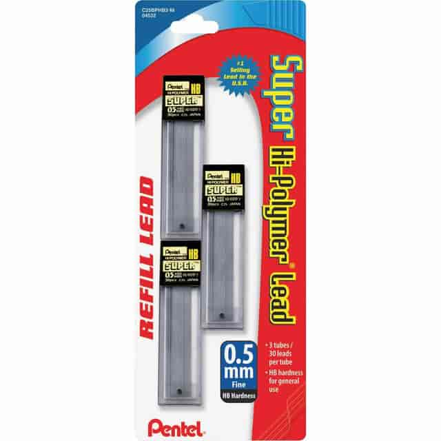 Pentel HB Super Hi-Polymer Leads, 0.5mm, Black, 30 Per Pack, 12 Packs A2 14398205
