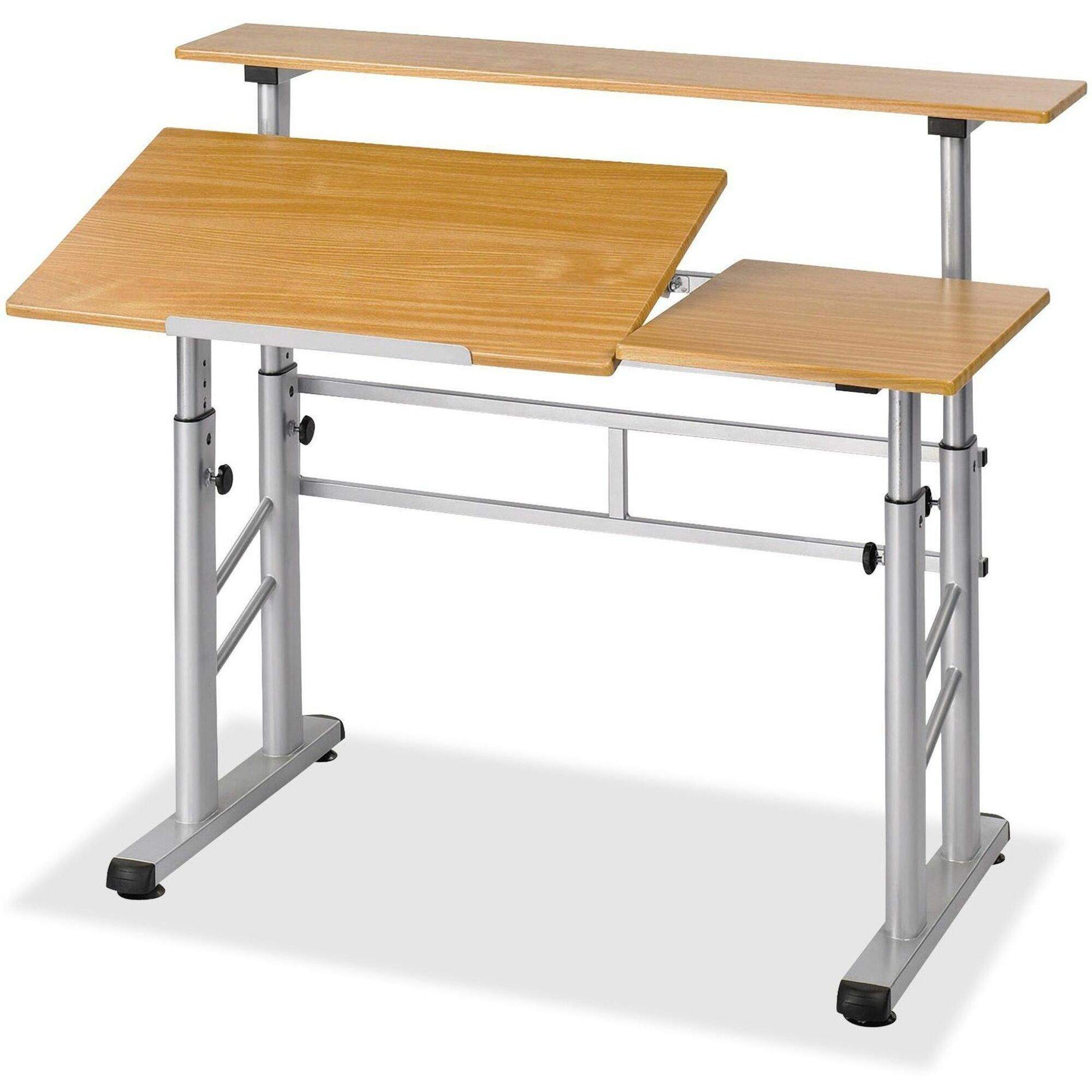 Height-Adjustable Split Level Drafting Table Medium Oak & Silver - Thumbnail 2