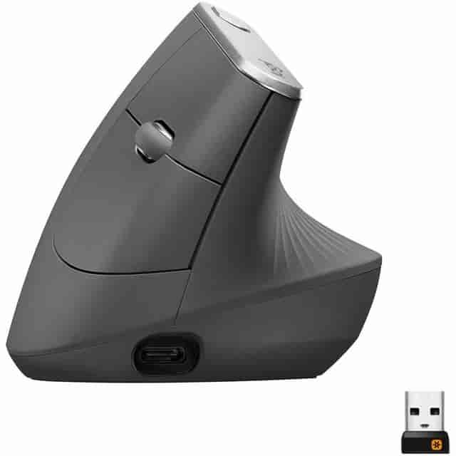 Logitech MX Vertical Advanced Ergonomic Mouse - Optical - Cable/Wireless - Bluetooth/Radio Frequency - Graphite - 1 Pack - USB Type C - 4000 dpi - Scroll Wheel - 4 Button(s) - Right-handed