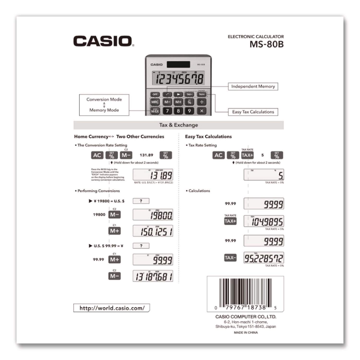MS80B 8-Digit Battery and Solar Basic Calculator by Casio